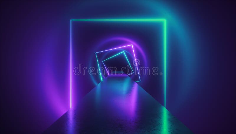 3d rendering virtual reality environment, neon light on fashion podium, square portal, tunnel, ultraviolet spectrum, abstract background, laser show, fashion podium, path, way, road, stage, floor reflection. 3d rendering virtual reality environment, neon light on fashion podium, square portal, tunnel, ultraviolet spectrum, abstract background, laser show, fashion podium, path, way, road, stage, floor reflection